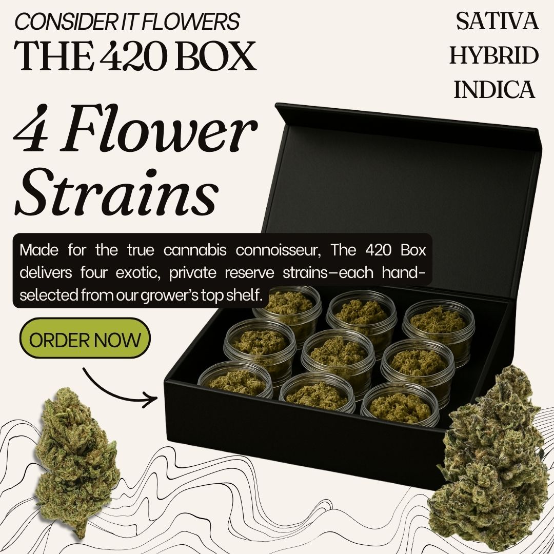 420 box with jars of premium cannabis flower strains, including sativa, hybrid, and indica varieties. The 420 Box by Consider It Flowers features exotic, small-batch weed curated for cannabis connoisseurs and limited.