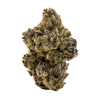 Close-up of frosty Blackwater OG indica strain nug with purple leaves, orange hairs, and trichomes – shop premium THCa flower now.
