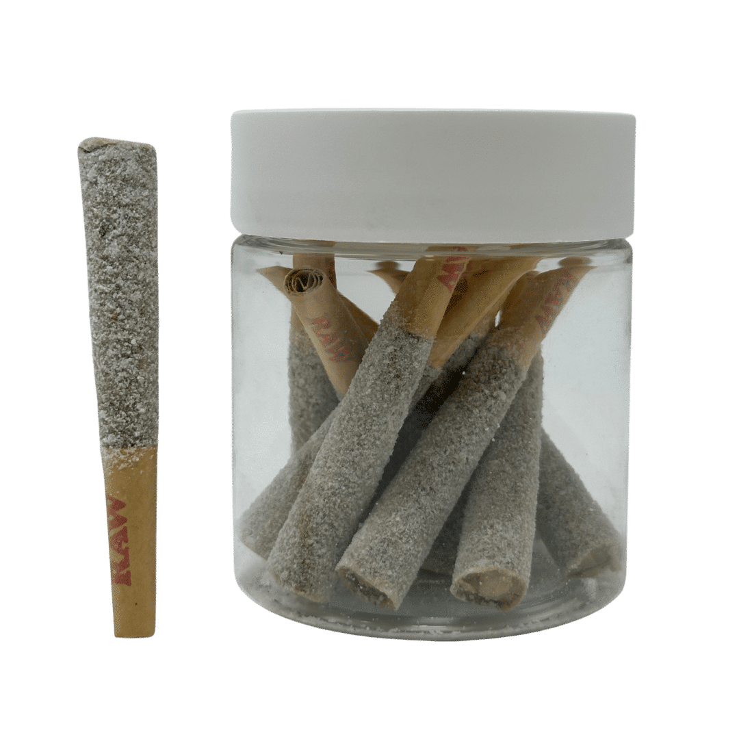 Jar of 10 Diamond THCa prerolls — .5g each, coated in live resin, dusted with pure THCa diamonds. Shop THCA prerolls that ship straight to your door.