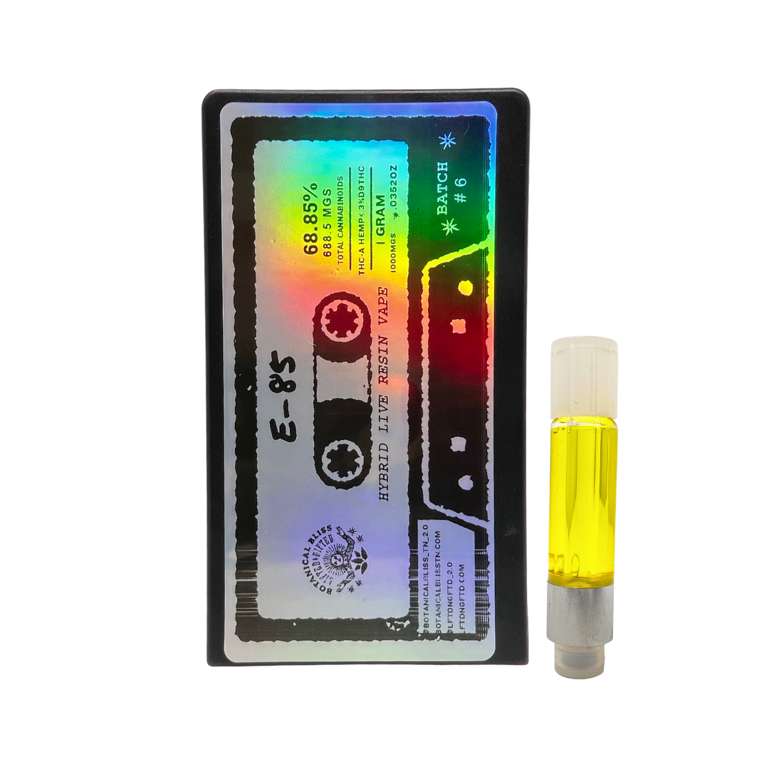 E-85 1G Live Resin THCa cartridge by Botanical Bliss x Lifted & Gifted – hybrid strain fruity vanilla flavor. Shop shipped carts today.