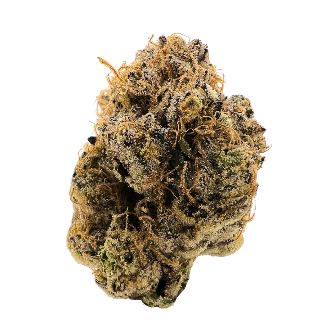 Close-up of GMO Exotic Private Reserve Indica THCa flower strain showcasing frosty trichomes, purple hues, and fiery orange hairs – shop now at Consider It Flowers.
