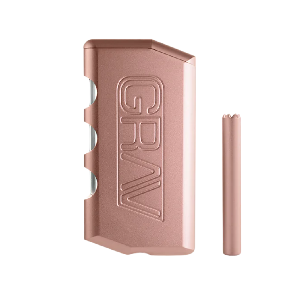 GRAV Dugout with built-in grinder, taster, and flower storage in a compact aluminum smoking device with carry case and keychain clip