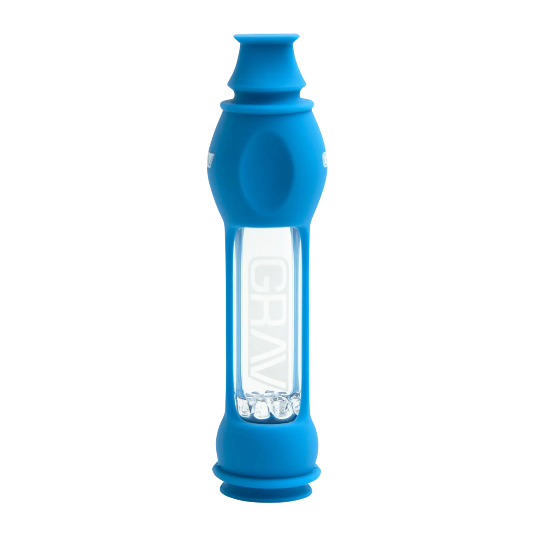 GRAV Octo-Taster with silicone sleeve – portable one-hitter with ash-catching tip, glass screen, and protective cover for pre-packed travel.