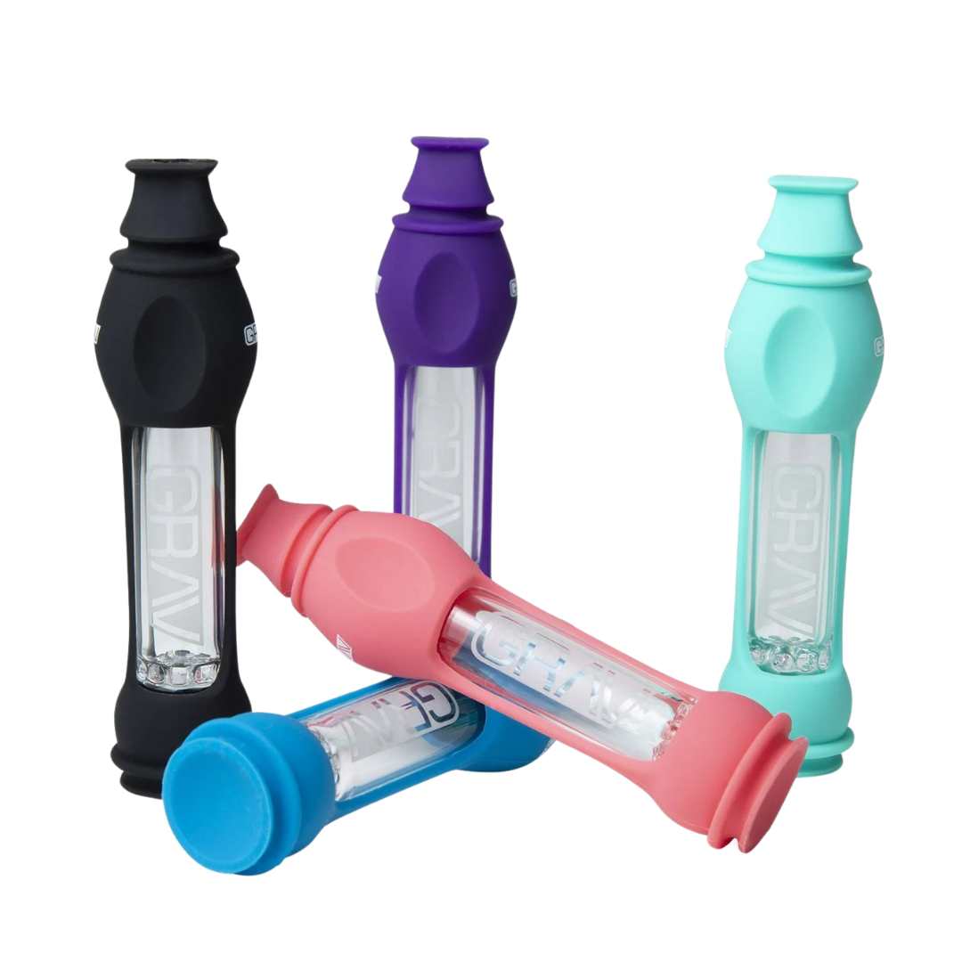 Assorted GRAV 16mm Octo-Tasters with colorful silicone skins, showcasing their protective covers, glass chambers, and ash-catching mouthpieces.