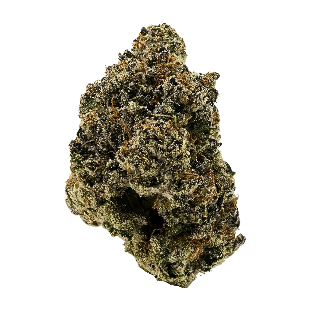 Girl Crush cannabis buds with sweet and savory flavors, featuring chunky forest green nugs and frosty white trichomes.