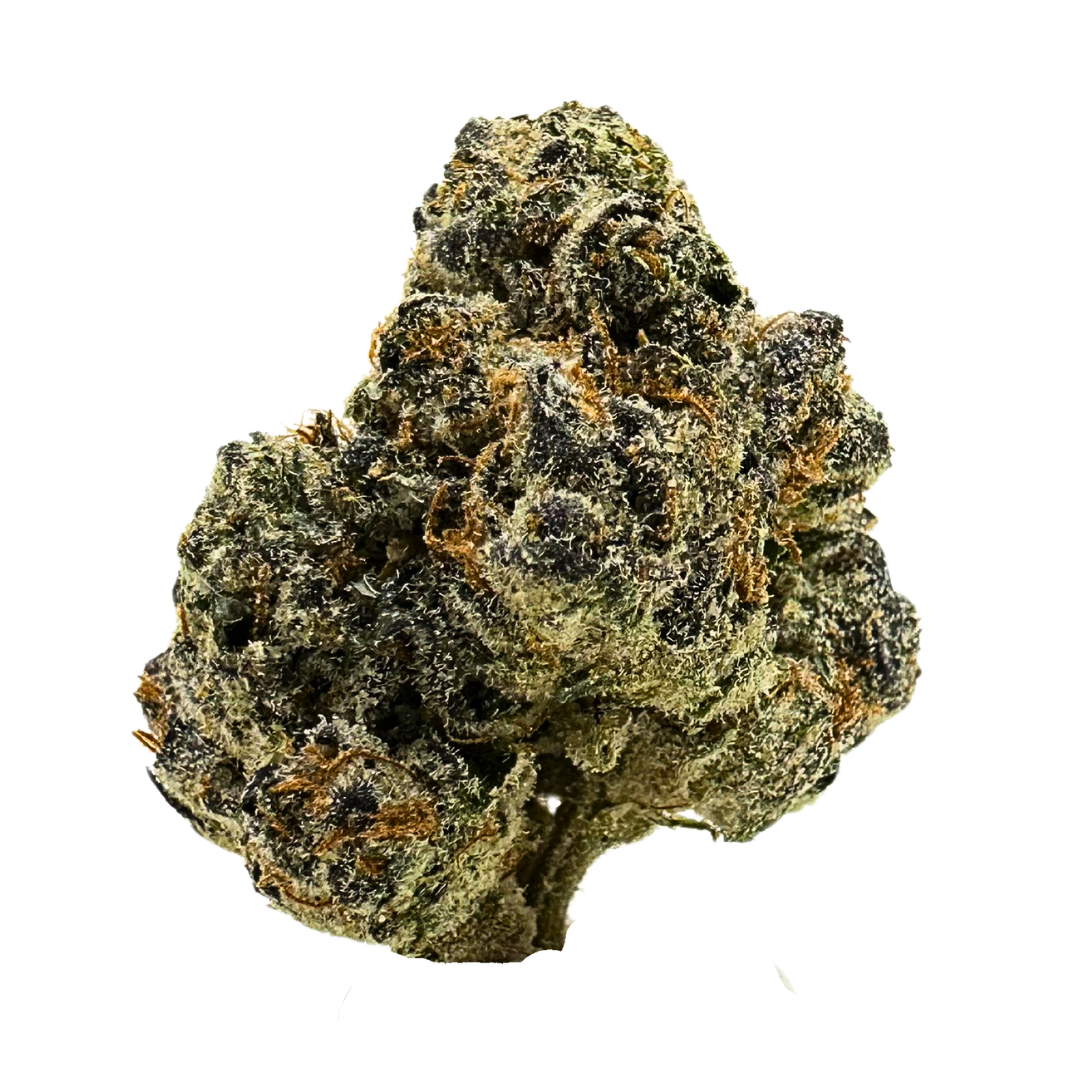 Guava Belts cannabis buds with tropical aroma and fruity flavor, showcasing dense green nugs and bright orange hairs.