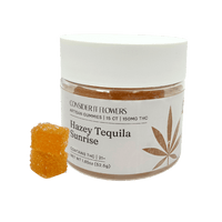 Artisan Hazey Tequila Sunrise Gummies: small-batch, cocktail-inspired, vegan, gluten-free. Tangerine, pomegranate flavors with White Lime Haze terpenes.