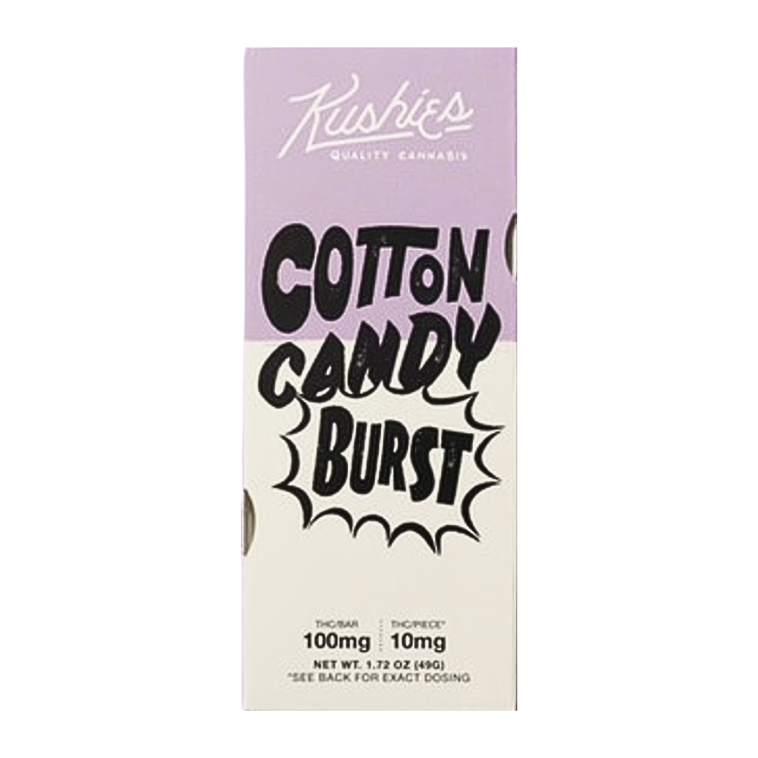 Kushies Cotton Candy Burst 100MG THC white chocolate bar with cotton candy pop rocks and crunch topping. Shop this fun edible today.
