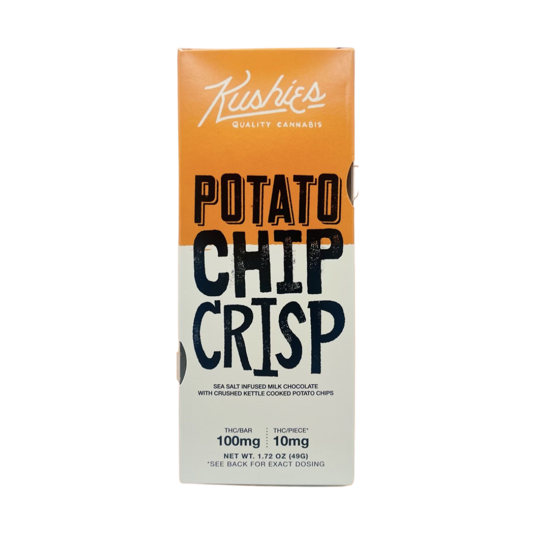Potato Chip Crunch Chocolate Bar by Kushie’s with 100mg THC, sea salt, and kettle chips – shop now at Consider It Flowers.