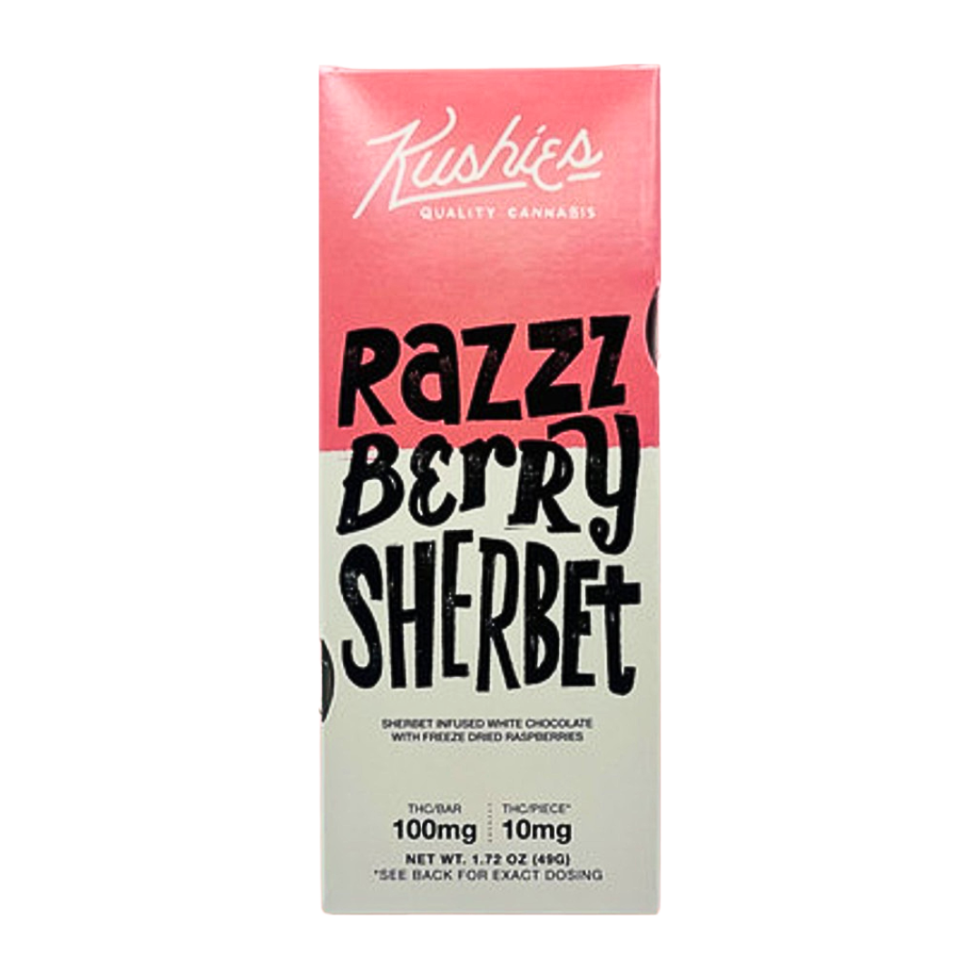 Kushies Razzzberry Sherbet 100MG THC white chocolate bar with sherbet flavor and freeze-dried raspberries. Available at Consider It Flowers.