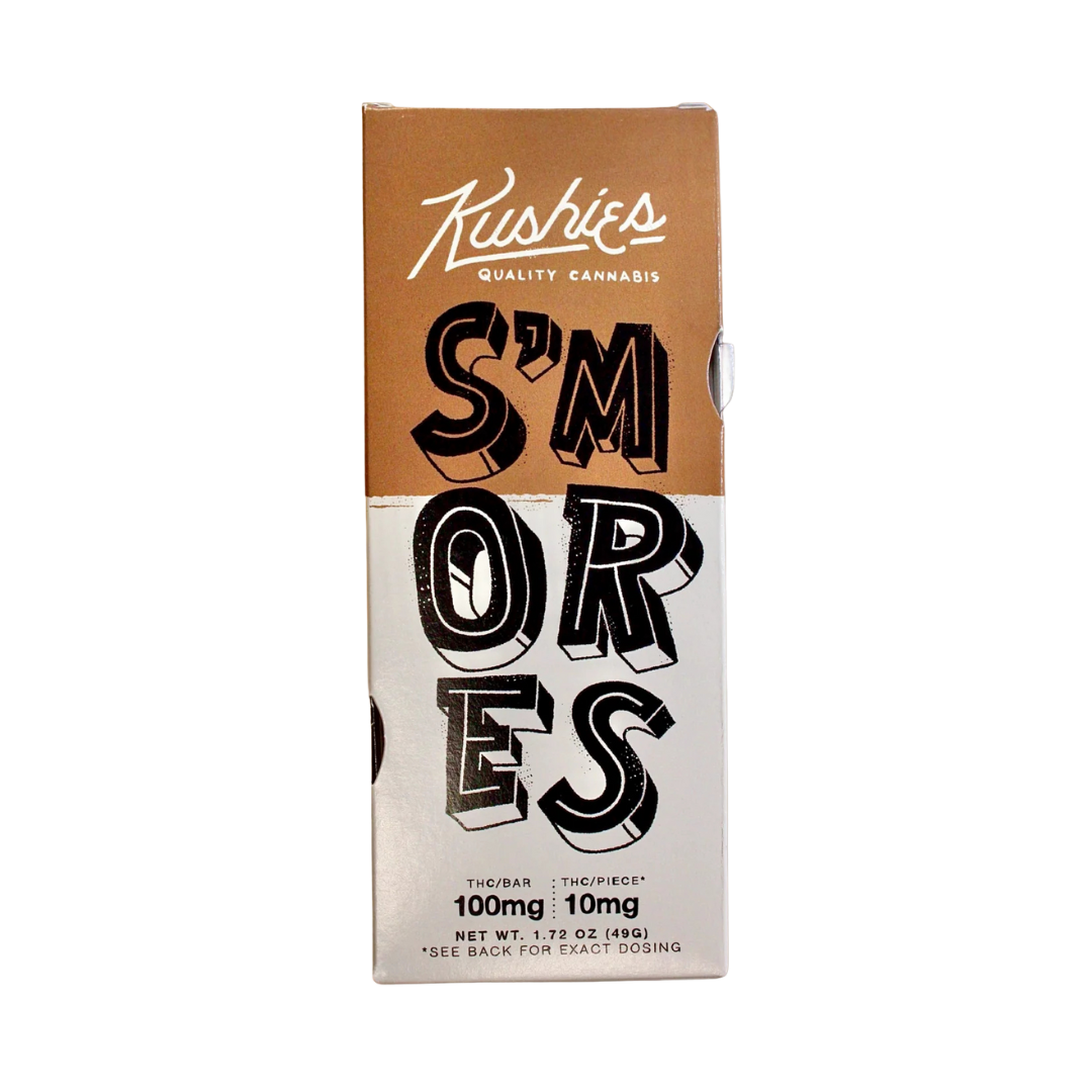 Kushie’s S’mores Cannabis Chocolate Bar – milk chocolate with graham cracker bits and marshmallow swirl, 100 mg THC available at Consider It Flowers now!