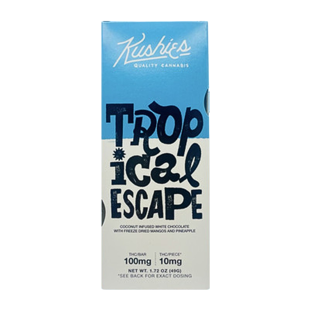 Kushies Tropical Escape 100MG THC white chocolate bar with coconut, mango, and pineapple. Shop now for this sweet tropical treat.