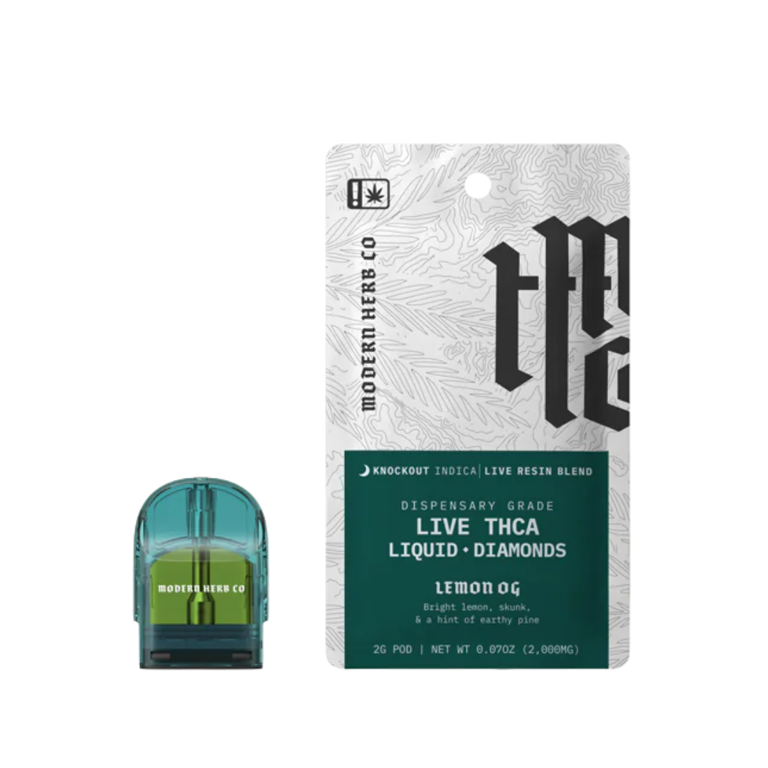 Modern Herb Co Lemon OG Indica Liquid Diamonds pod refill with live resin blend. Bright citrus flavor and relaxing effects.
