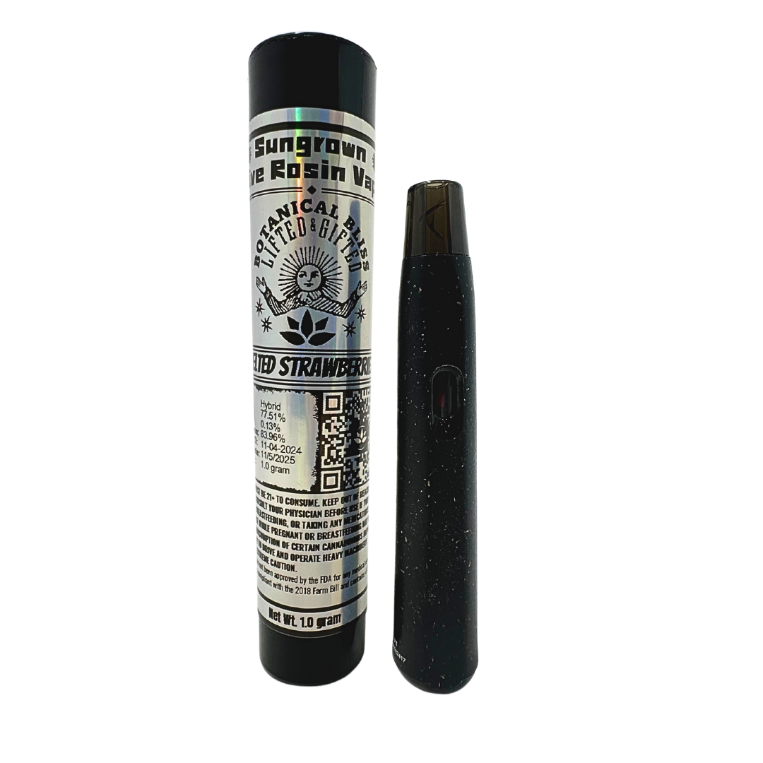 Melted Strawberries Hybrid Live Rosin Vape. 1G of 90u rosin in a hemp cart, bursting with strawberry, spice, and euphoric calm.