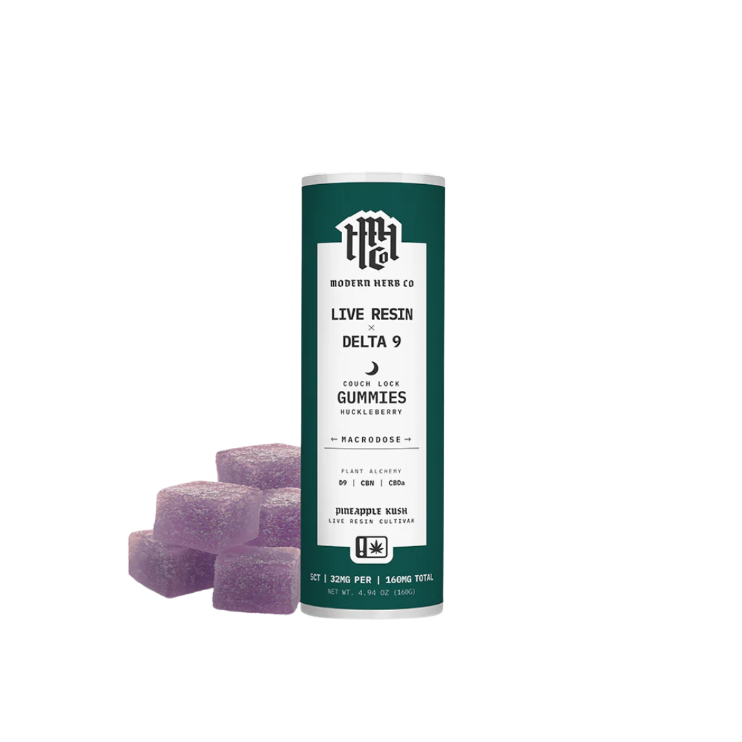 A bottle of Huckleberry Live Resin Delta 9 Gummies by Modern Herb Co with three gummy candies in front, against a white background available at Consider It Flowers.