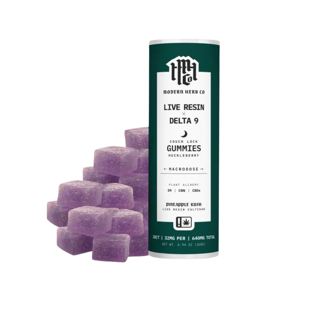 A bottle of 20 CT Huckleberry Live Resin Delta 9 Gummies by Modern Herb Co with three gummy candies in front, against a white background available now at Consider It Flowers.