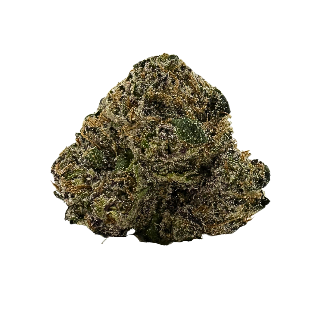Frosty Northern Lights bud with deep green, purple hues and orange hairs, coated in shimmering trichomes.