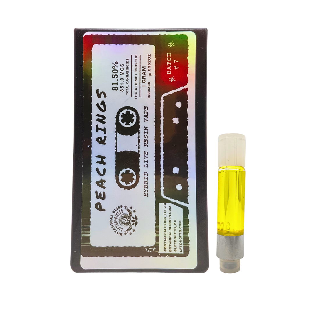 Peach Rings Hybrid 1G Live Resin Cartridge by Botanical Bliss x Lifted & Gifted — buy THCa vapes online with fast shipping.