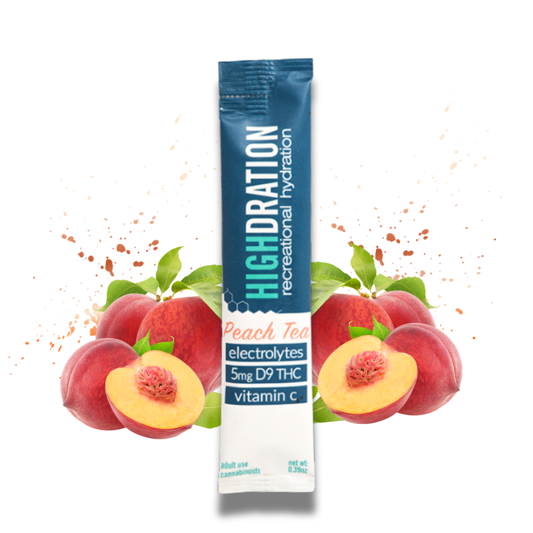 Peach Tea Highdration Mix packet with peach and tea imagery, clean design, and ready-to-mix formula.