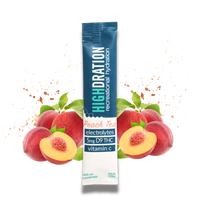 Peach Tea Highdration Mix packet with peach and tea imagery, clean design, and ready-to-mix formula.