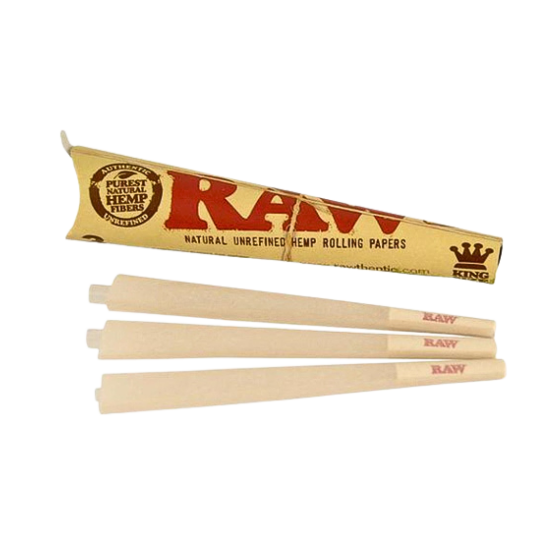 RAW Organic Hemp Cones 3 Pack – Kingsize pre-rolls made with clean-burning organic hemp, available now at Consider It Flowers.