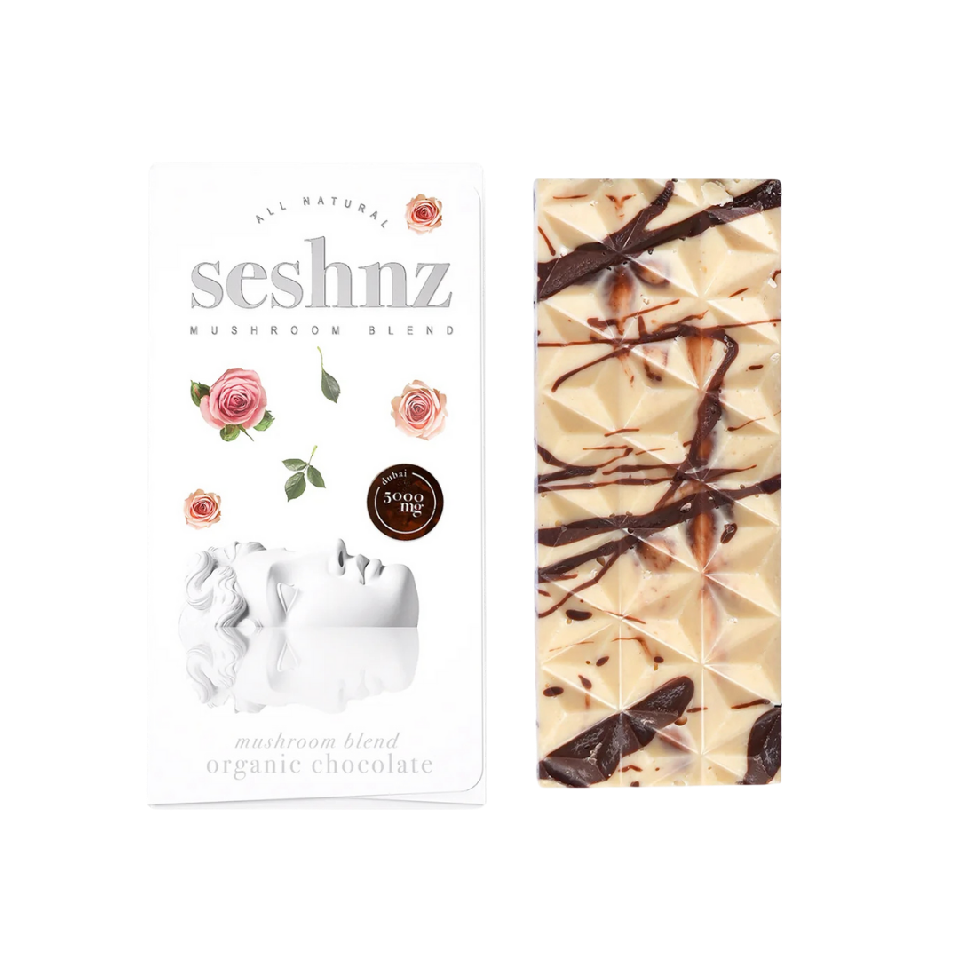 Seshnz Dubai White Chocolate Mushroom Blend Chocolate Bar with coffee bean crunch – available for delivery or shipping from Consider It Flowers.