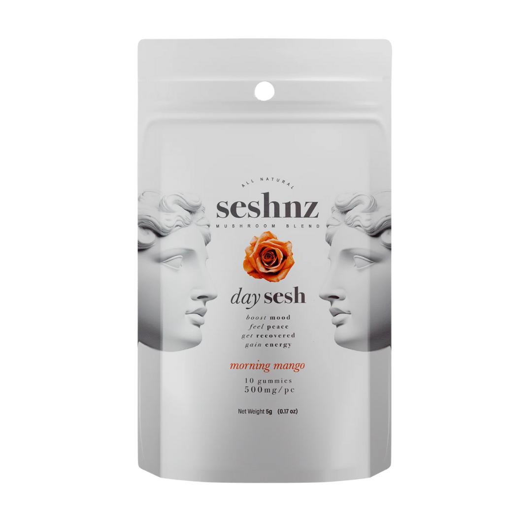 Seshnz Morning Mango Day Sesh Mushroom Gummies available at Consider It Flowers – tropical flavor with mind-sharpening mushroom blend.