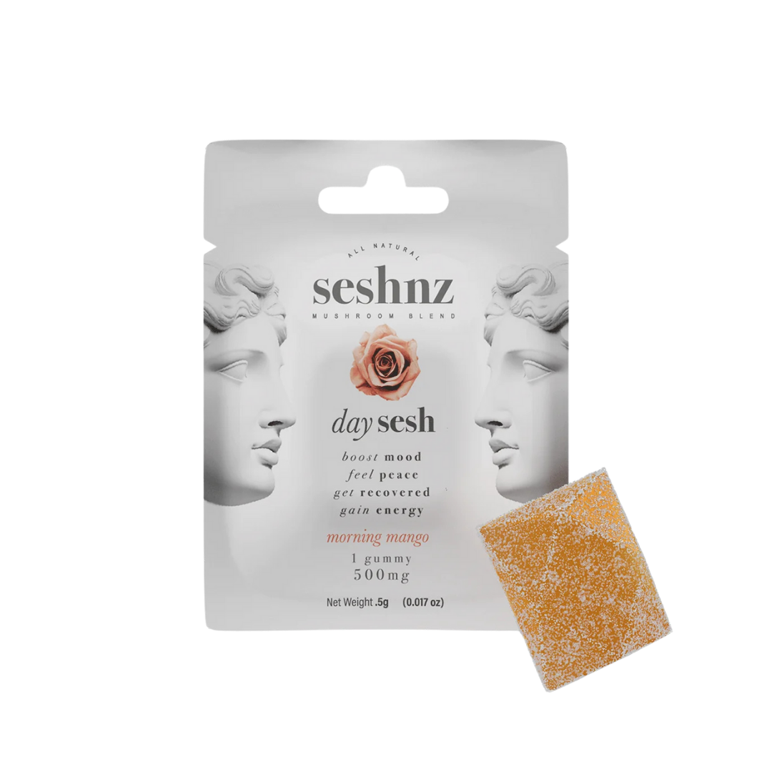 Morning Mango Day Sesh 1-count sampler gummy – available at Consider It Flowers in a travel-size pouch.