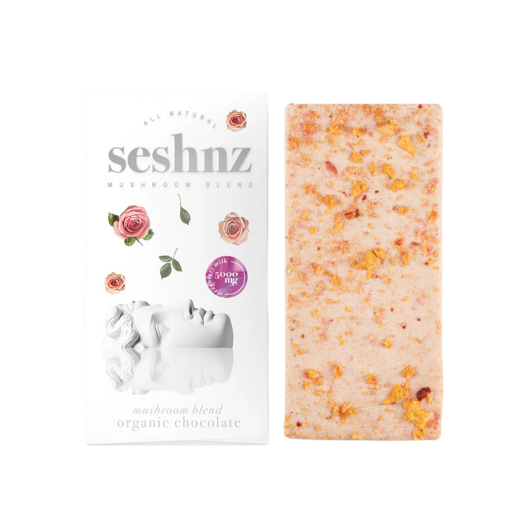 Seshnz Strawberry Milk Mushroom Blend Chocolate Bar with white chocolate, strawberry pieces, and mushroom blend—available at Consider It Flowers.