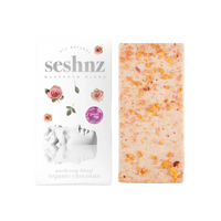 Seshnz Strawberry Milk Mushroom Blend Chocolate Bar with white chocolate, strawberry pieces, and mushroom blend—available at Consider It Flowers.