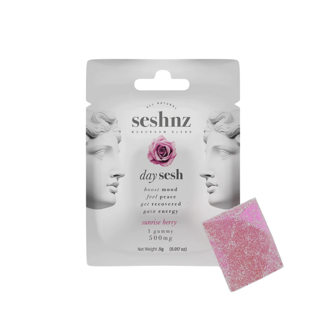 Seshnz Sunrise Berry Mushroom Blend 1-count Day Sesh gummy – travel-ready sampler available at Consider It Flowers.