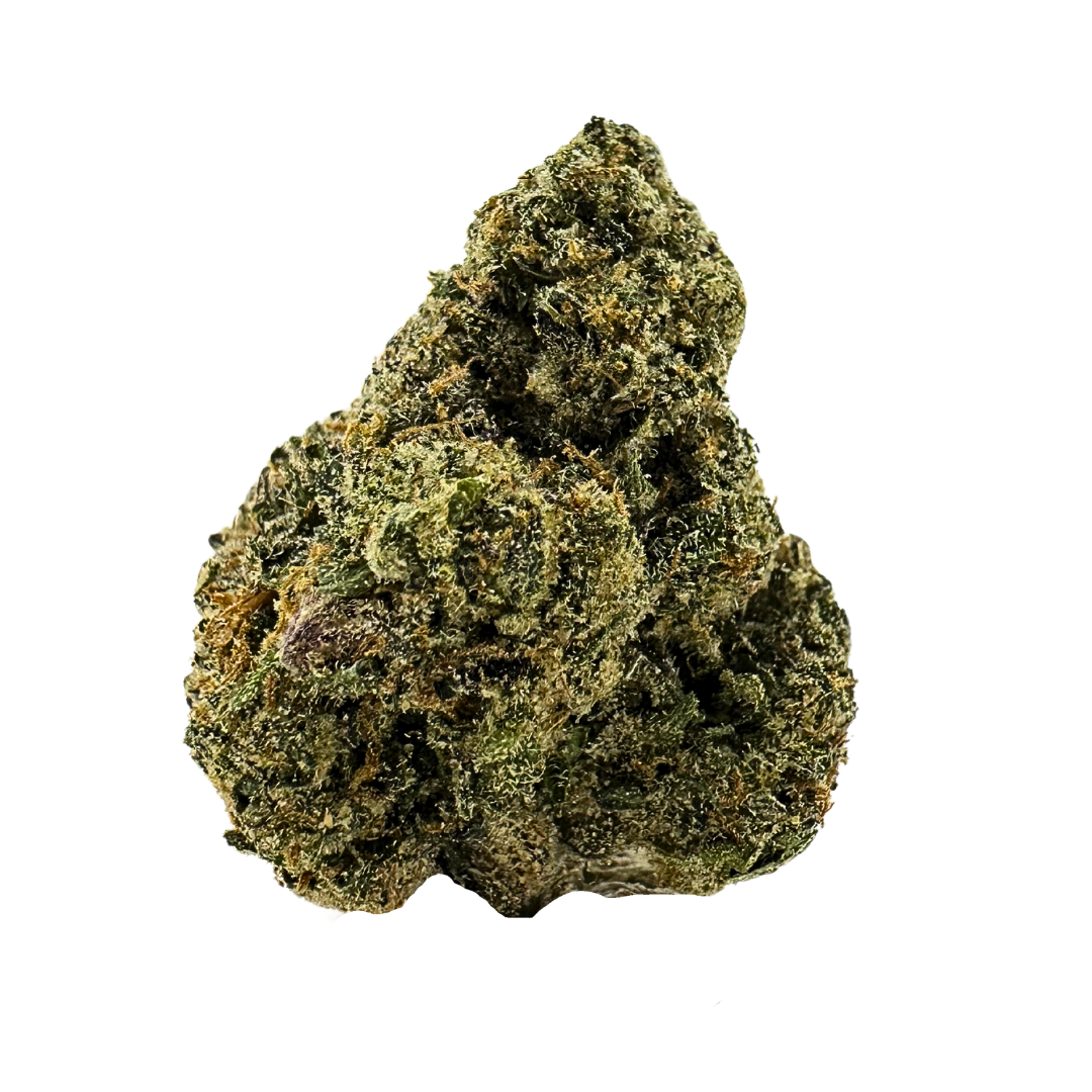 Chunky, bright green bud with dense structure, amber pistils, and a thick coat of frosty white trichomes.