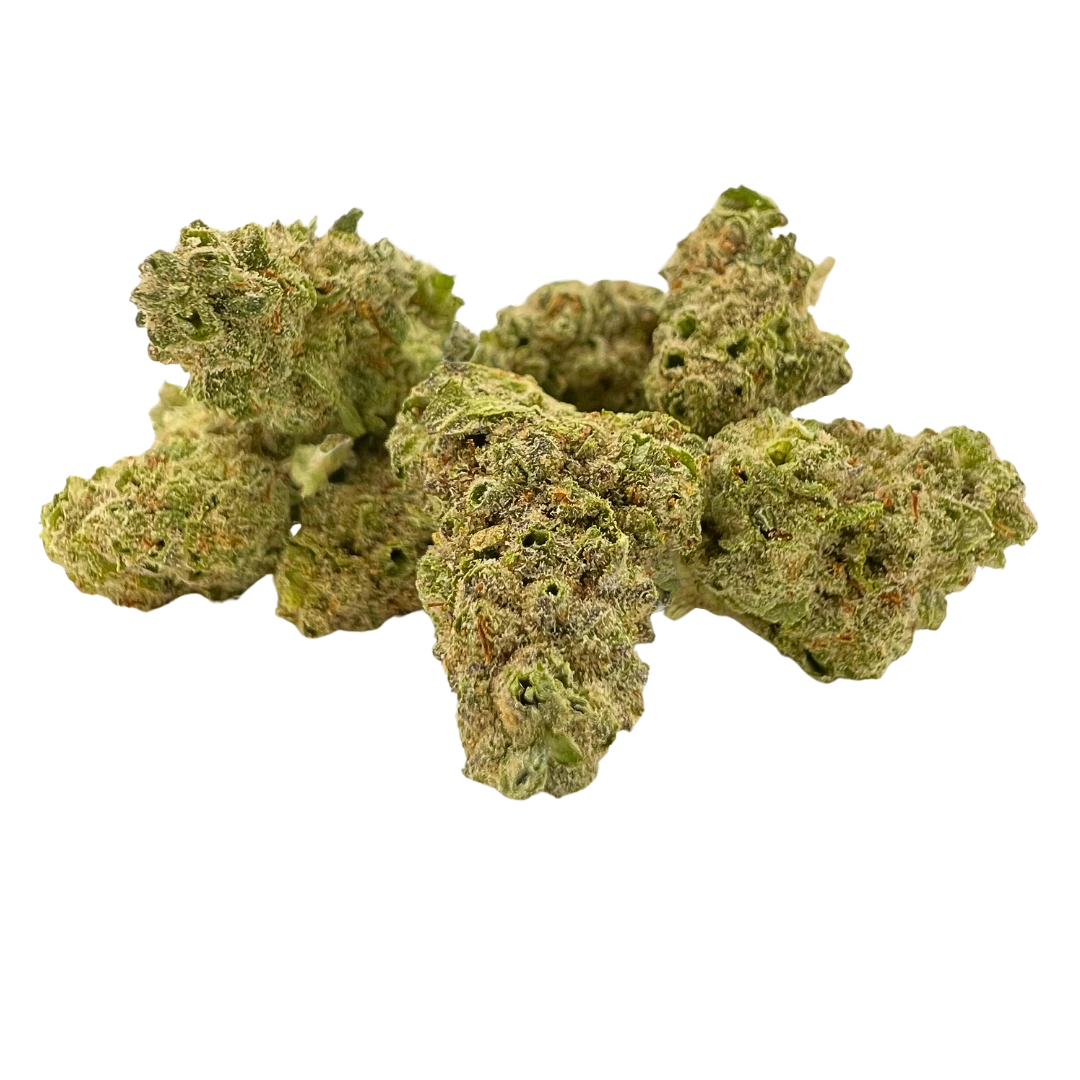 Strawberry Cough Premium Smalls – sativa strain with sweet strawberry flavor, peppery exhale, uplifting effects, and frosty neon green buds.