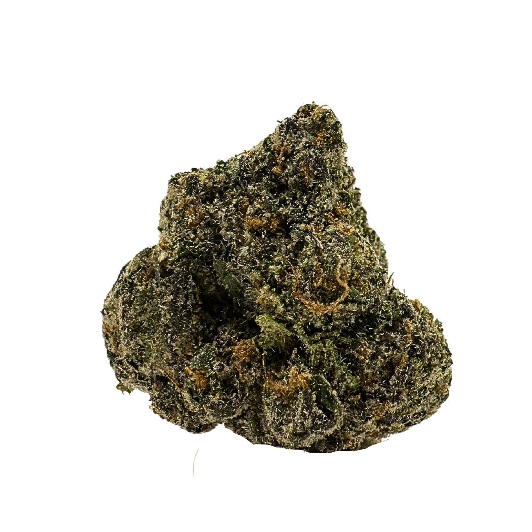 Dense emerald-green bud with flat heart-shaped structure, orange hairs, and amber-frosted trichomes.