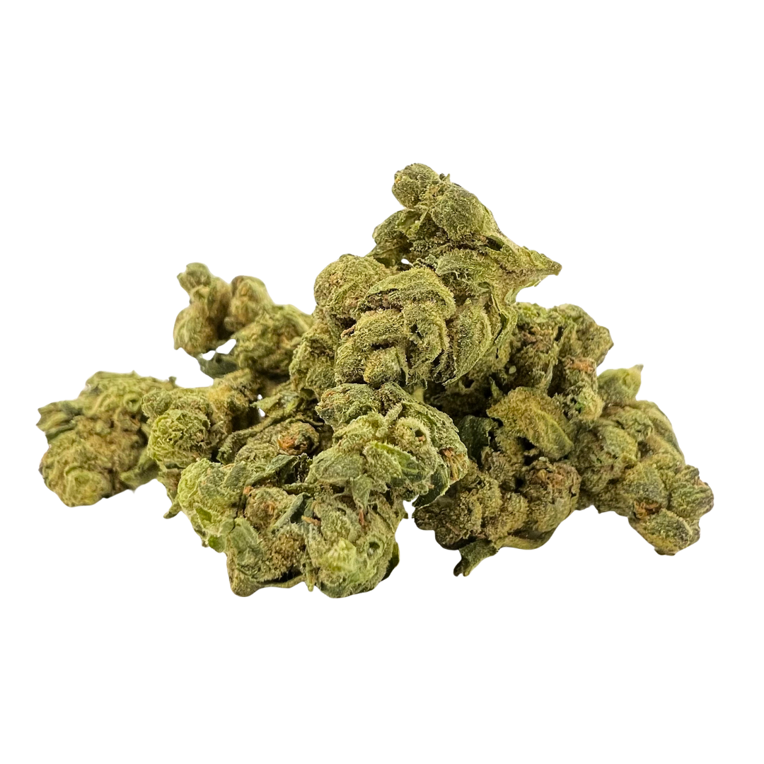 Triangle OG Kush premium indica smalls with forest green frosty buds, citrus-spice flavor, and relaxing creative effects. Shop at Consider It Flowers.