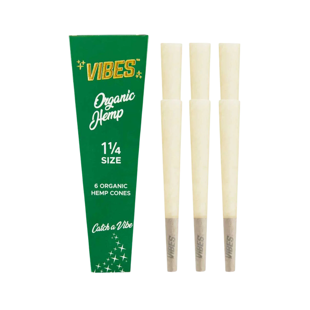 Vibes Organic Hemp Cones 1.25" 6-pack with natural hemp paper. Pre-rolled and ready to fill. Shop now at Consider It Flowers.