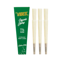 Vibes Organic Hemp Cones 1.25" 6-pack with natural hemp paper. Pre-rolled and ready to fill. Shop now at Consider It Flowers.