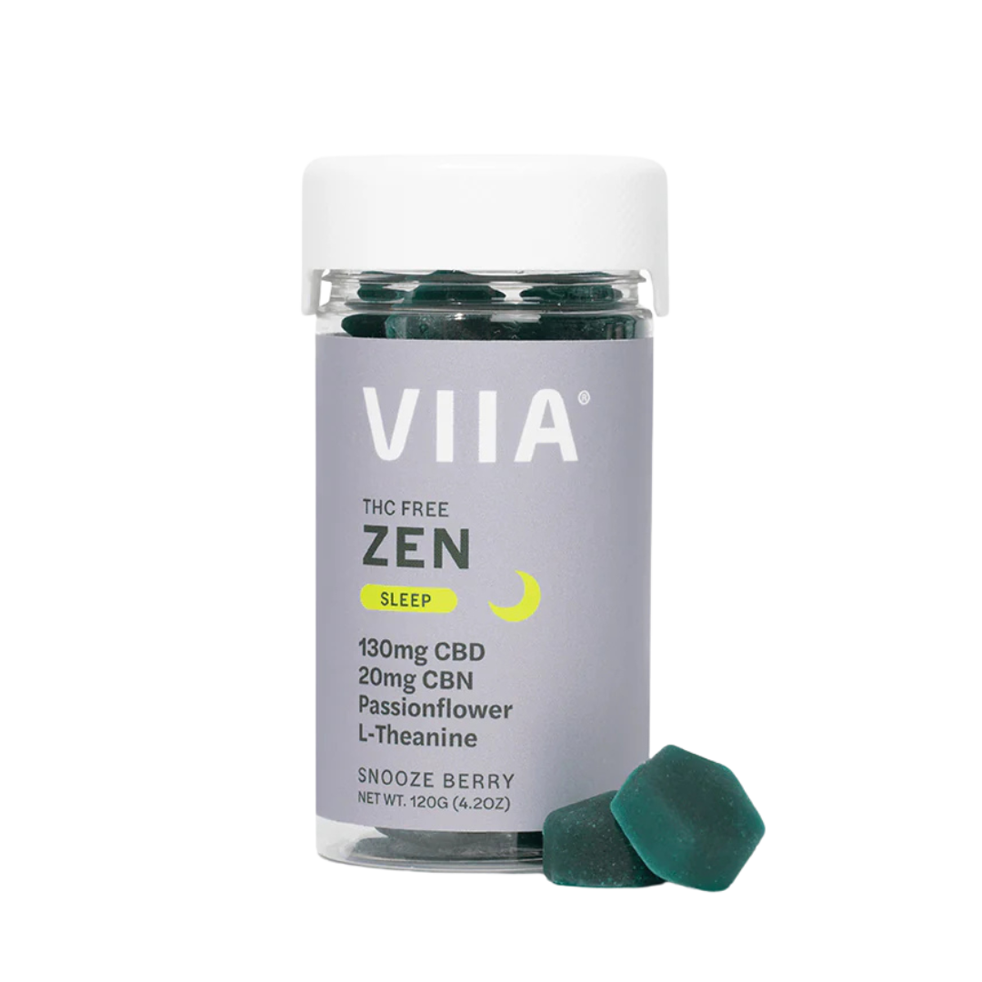 VIIA Zen CBD Sleep Gummies in Snooze Berry flavor. THC-free and melatonin-free with calming support from CBD, CBN, and botanicals. 20-count bottle.