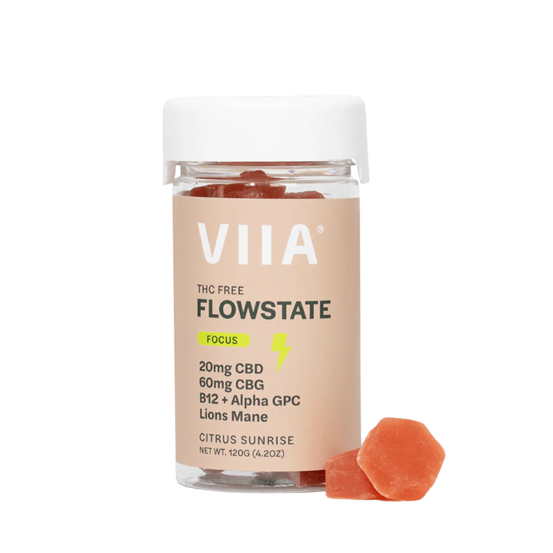 VIIA Hemp Flowstate Focus Gummies bottle labeled THC-Free, featuring Citrus Sunrise flavor and key ingredients like CBG, CBD, Lion’s Mane, Alpha GPC, and B12.