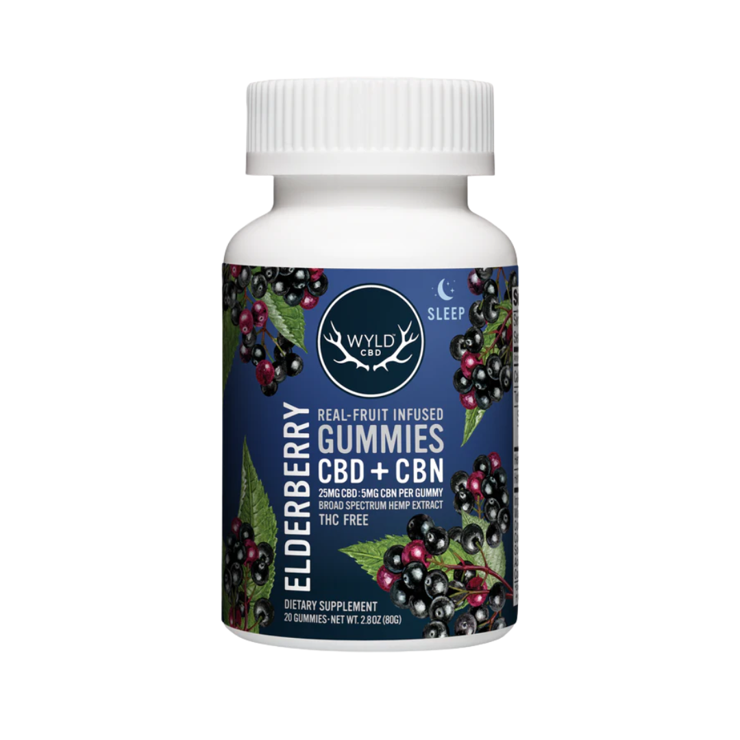 WYLD Elderberry THC-Free Sleep Gummies – 25mg CBD + 2.5mg CBN each, vegan, drug-test-friendly sleep support. Shop now at Consider It Flowers.
