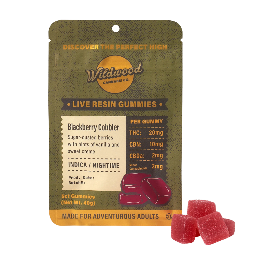 Five-pack of Wildwood Blackberry Cobbler THC Live Resin Gummies, featuring a rich berry flavor and 20mg THC per gummy.