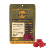 Five-pack of Wildwood Blackberry Cobbler THC Live Resin Gummies, featuring a rich berry flavor and 20mg THC per gummy.