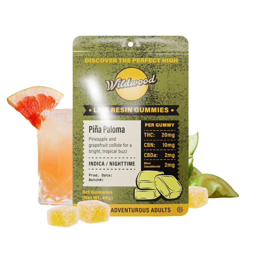 Shop Wildwood Pina Paloma Indica Gummies with 20mg THC each. Tropical pineapple-grapefruit flavor made for nighttime relaxation.