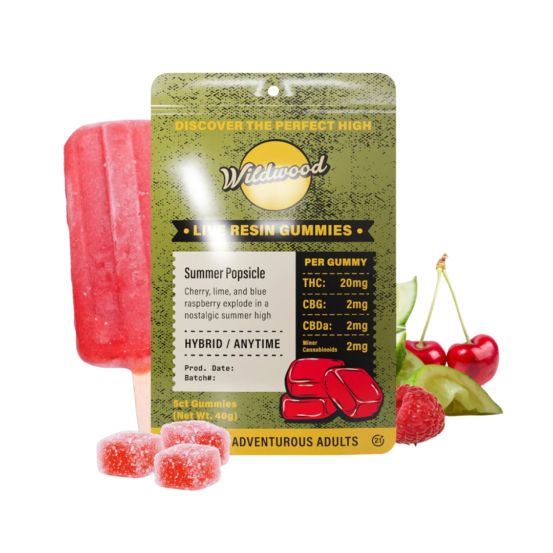 Try Wildwood Summer Popsicle Hybrid Gummies. Cherry, lime, and raspberry flavors with 20mg THC—perfect for anytime elevation.
