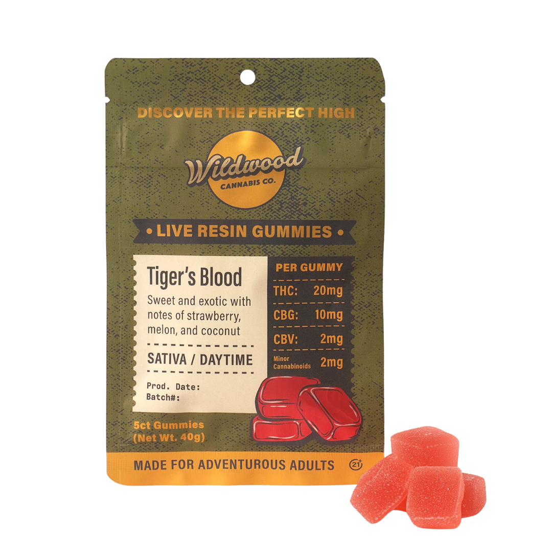 Five-pack of Wildwood Tiger’s Blood THC Live Resin Gummies, featuring a tropical blend of watermelon, strawberry, and coconut flavors.