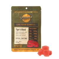 Five-pack of Wildwood Tiger’s Blood THC Live Resin Gummies, featuring a tropical blend of watermelon, strawberry, and coconut flavors.