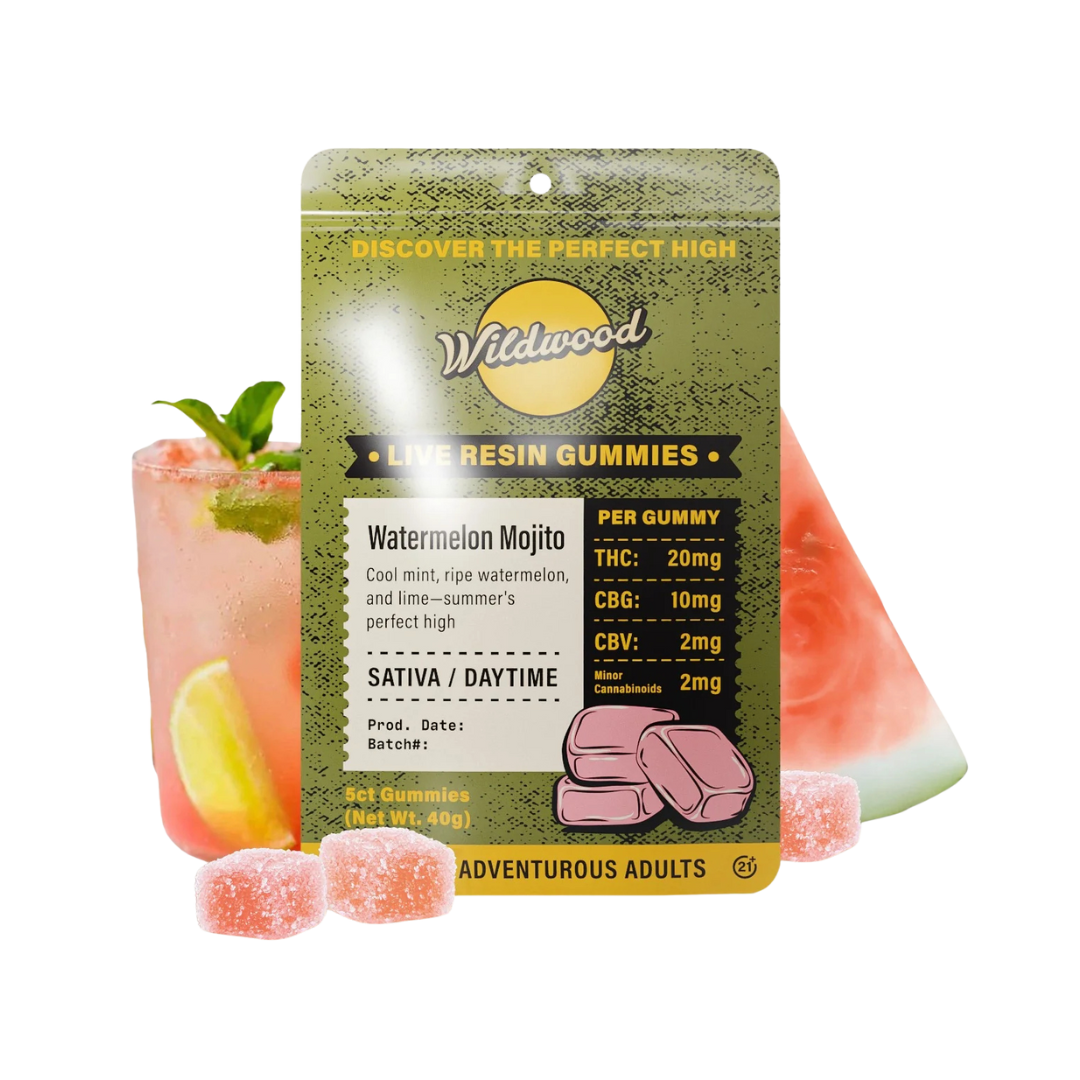 Grab Wildwood Watermelon Mojito Sativa Gummies. Refreshing mint and melon flavor with 20mg THC per piece for a bright daytime buzz.