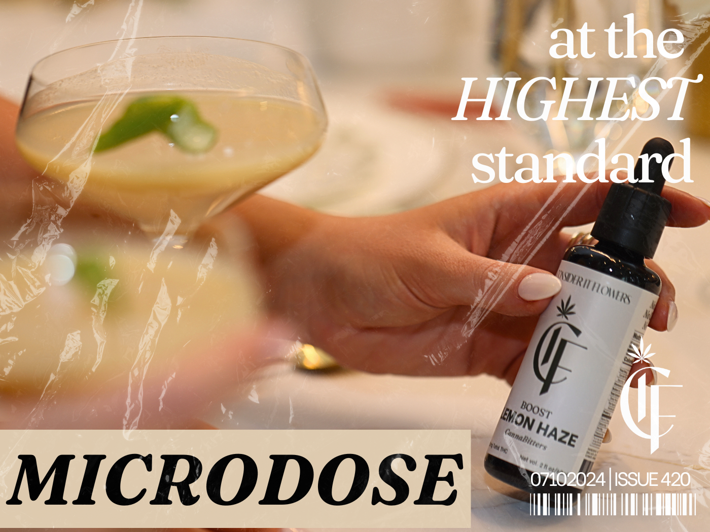 Woman holding a cocktail and Consider It Flowers Lemon Haze THC Bitters bottle; microdose-friendly product at the highest standard. Shop now.