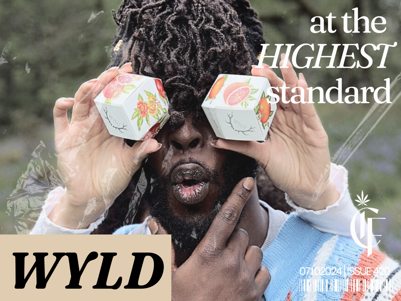Person holding WYLD gummies over their eyes outdoors. Shop real fruit THC edibles from WYLD now at Consider It Flowers.