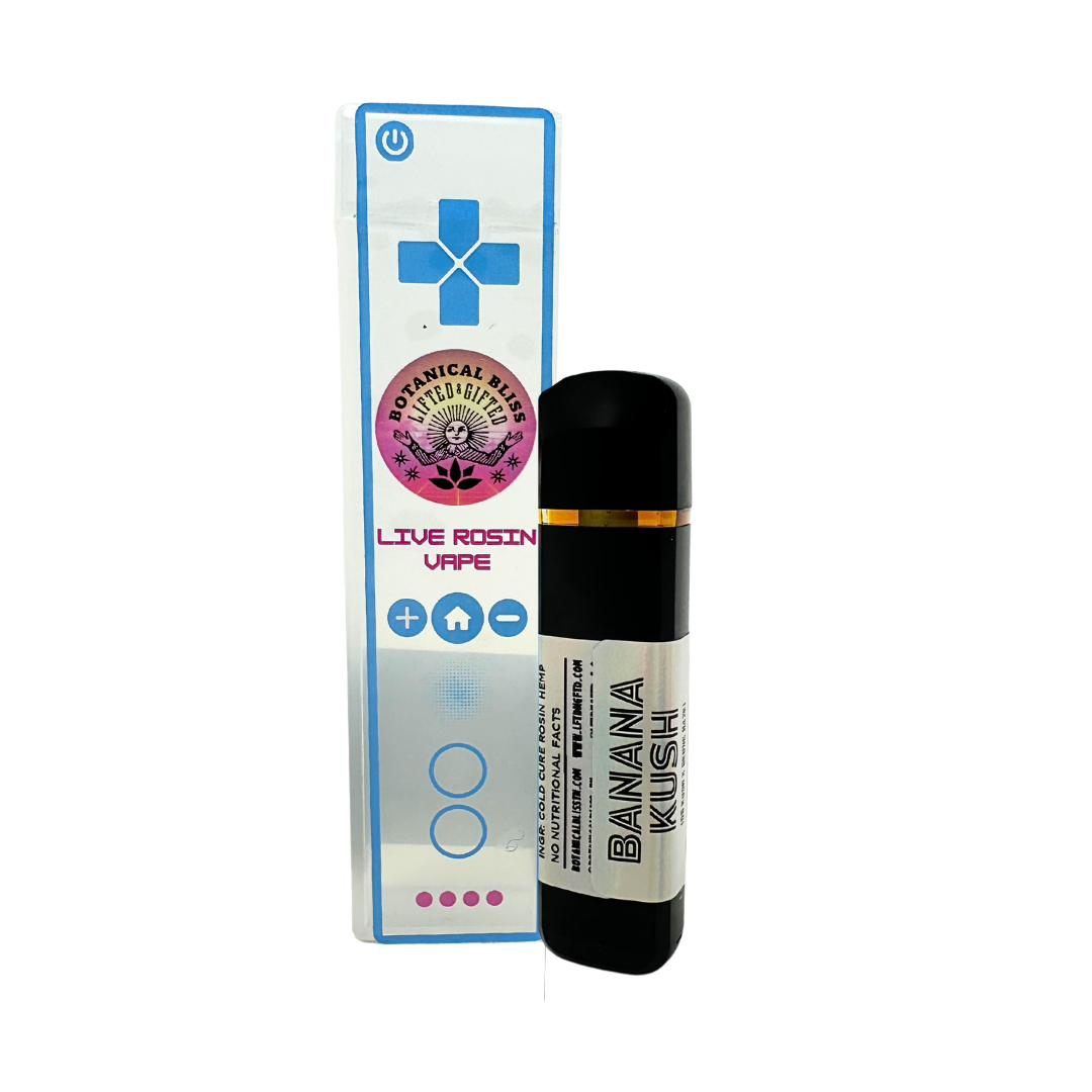 Banana Kush .5G Live Rosin Vape by Botanical Bliss x Lifted & Gifted – relaxing indica with sweet banana flavor